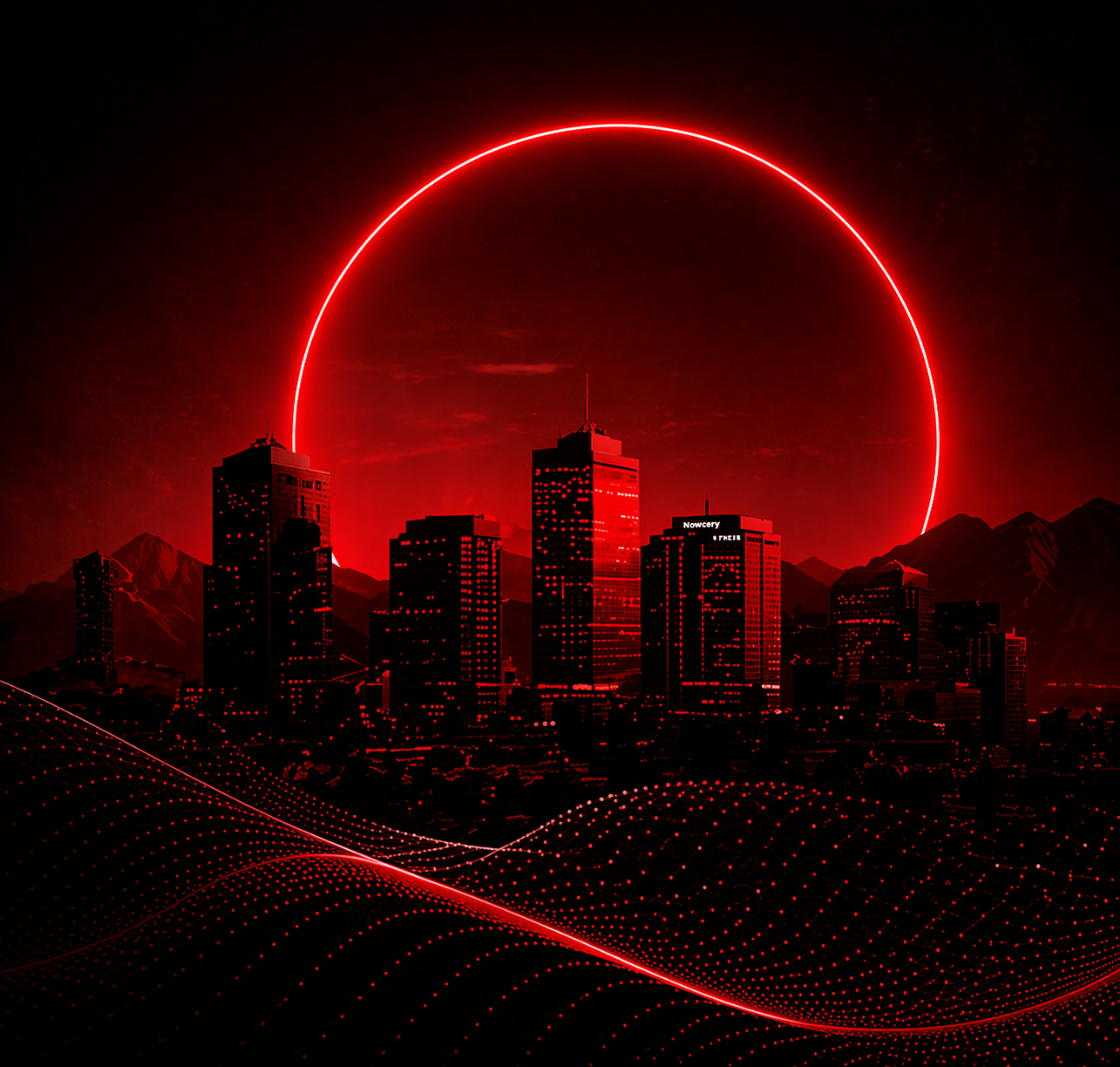 Futuristic city skyline with glowing red neon ring